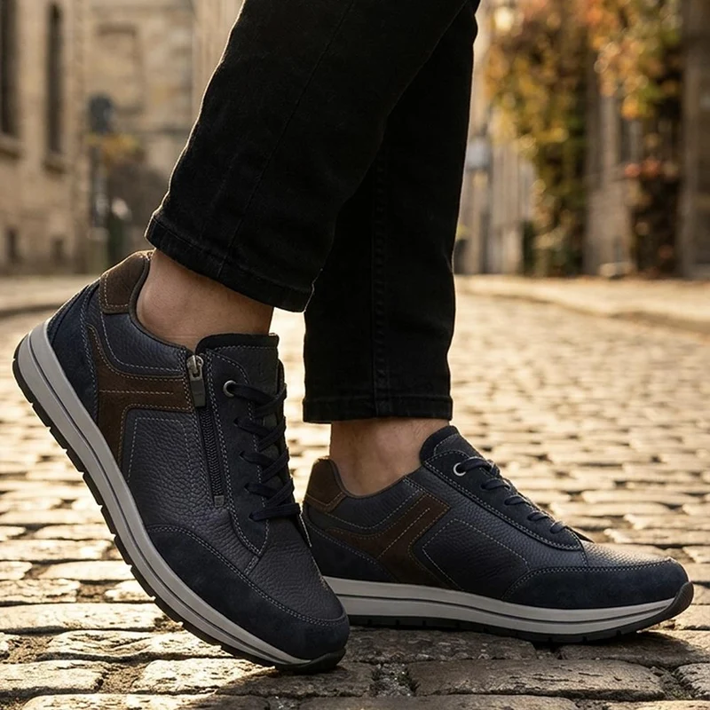 Wide Fit Leather Zip & Lace Cushioned Trainers - PARK44004 / 330 209 - Navy