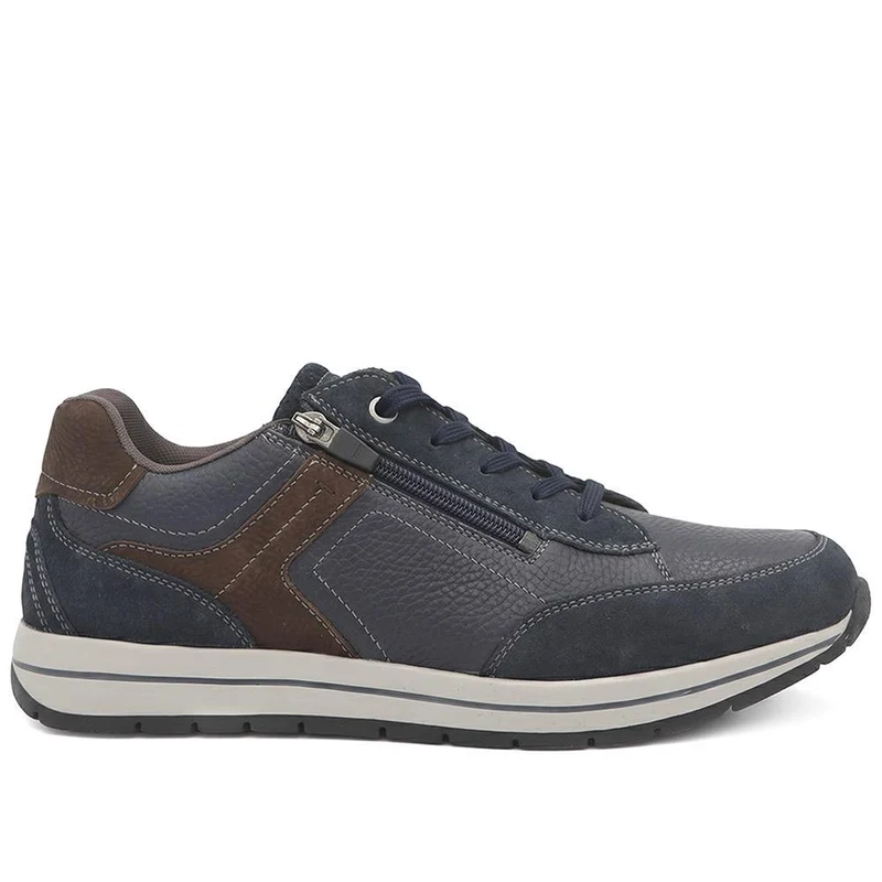 Wide Fit Leather Zip & Lace Cushioned Trainers - PARK44004 / 330 209 - Navy