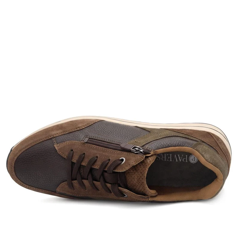 Wide Fit Leather Zip & Lace Cushioned Trainers - PARK44004 / 330 209 - Brown