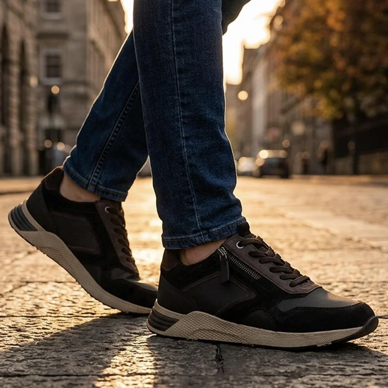 Leather Lace & Zip Fasten Trainers - PARK44005 / 330 211 - Black