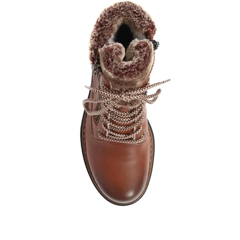 Fleece Trimmed Lace Up Ankle Boots - RKR38521 / 324 345 - Tan