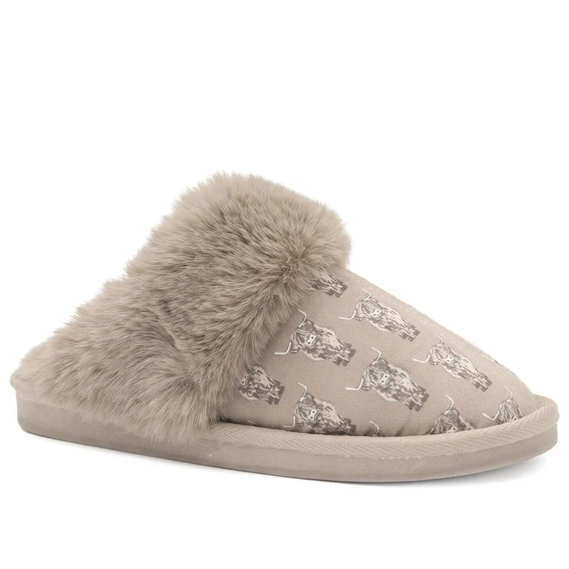 Soft Highland Cow Print Mule Slippers - GALOP44008 / 330 026 - Taupe