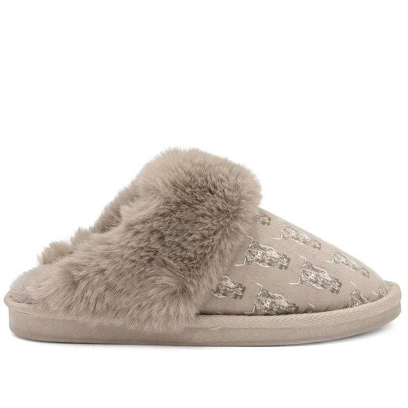 Soft Highland Cow Print Mule Slippers - GALOP44008 / 330 026 - Taupe