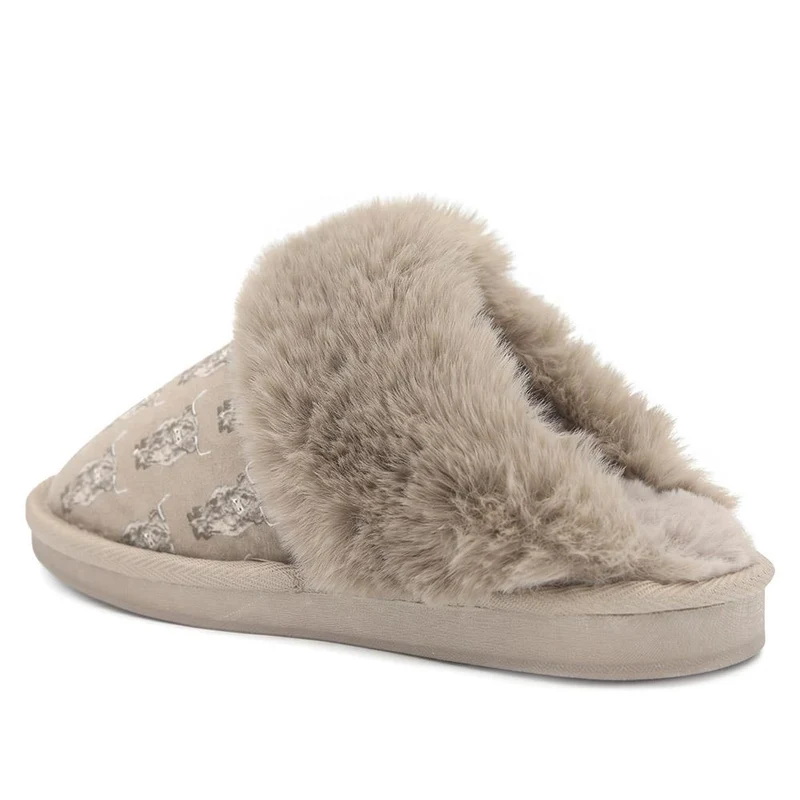 Soft Highland Cow Print Mule Slippers - GALOP44008 / 330 026 - Taupe