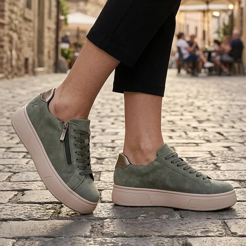 Rieker Leather Zip & Lace Platform Trainers - RKR43539 / 328 768 - Green