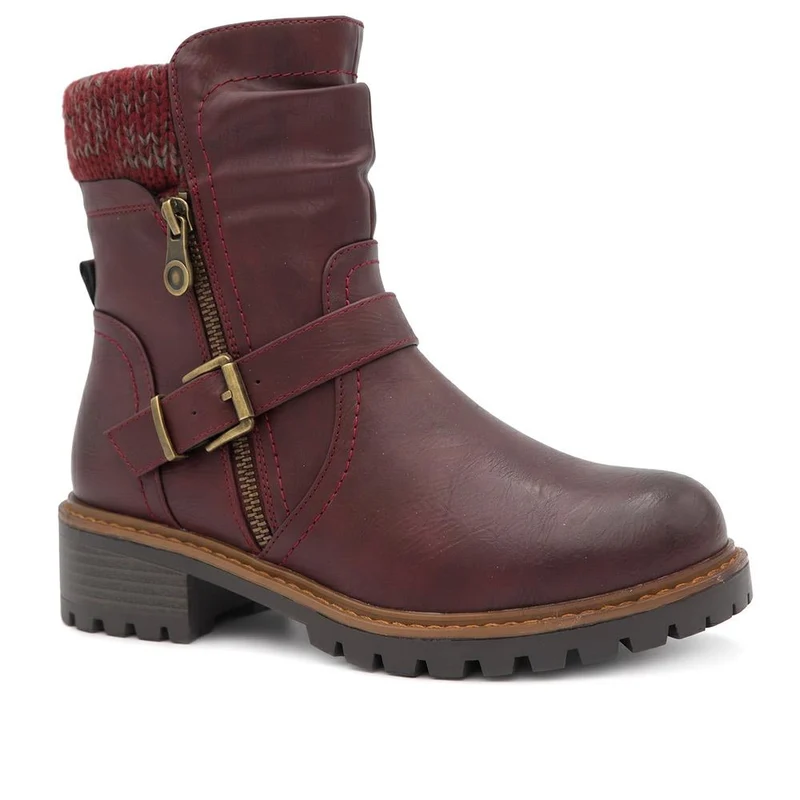 Wide Fit Knitted Cuff Buckled Strap Ankle Boots - LAND44013 / 329 631