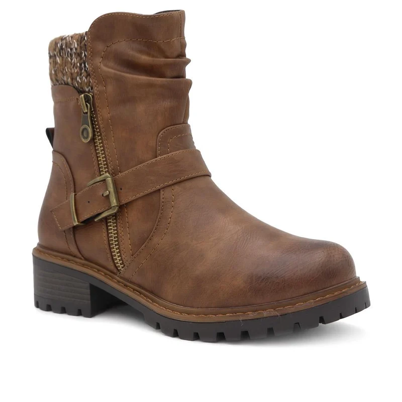 Wide Fit Knitted Cuff Buckled Strap Ankle Boots - LAND44013 / 329 631