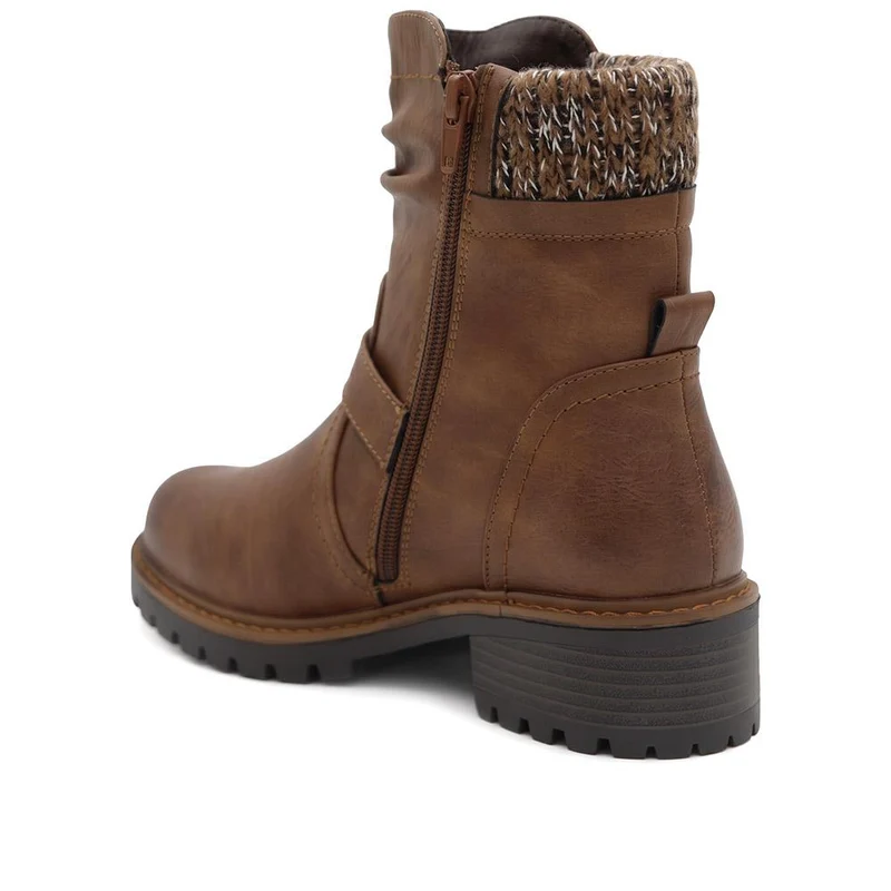 Wide Fit Knitted Cuff Buckled Strap Ankle Boots - LAND44013 / 329 631 - Tan