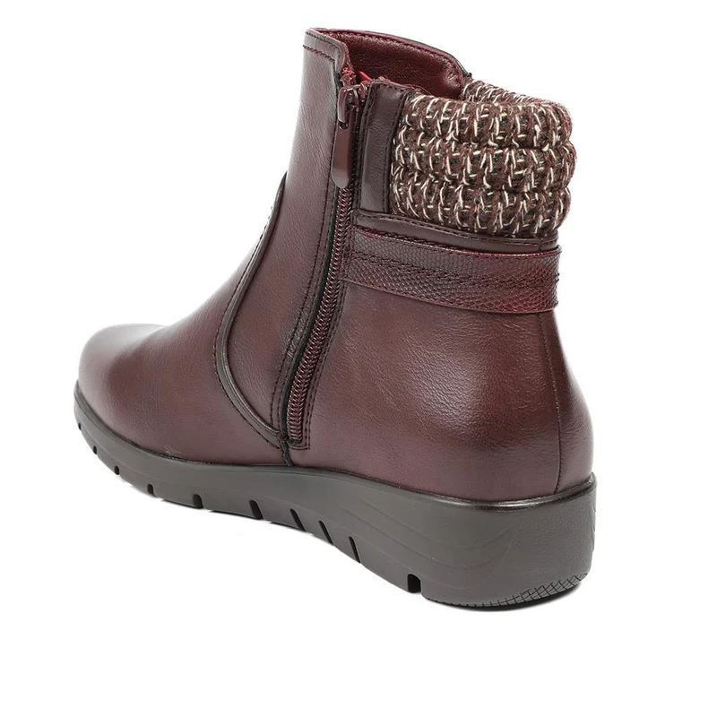 Smart Knitted Cuff Wedged Ankle Boots - WK42019 / 328 378 - Burgundy