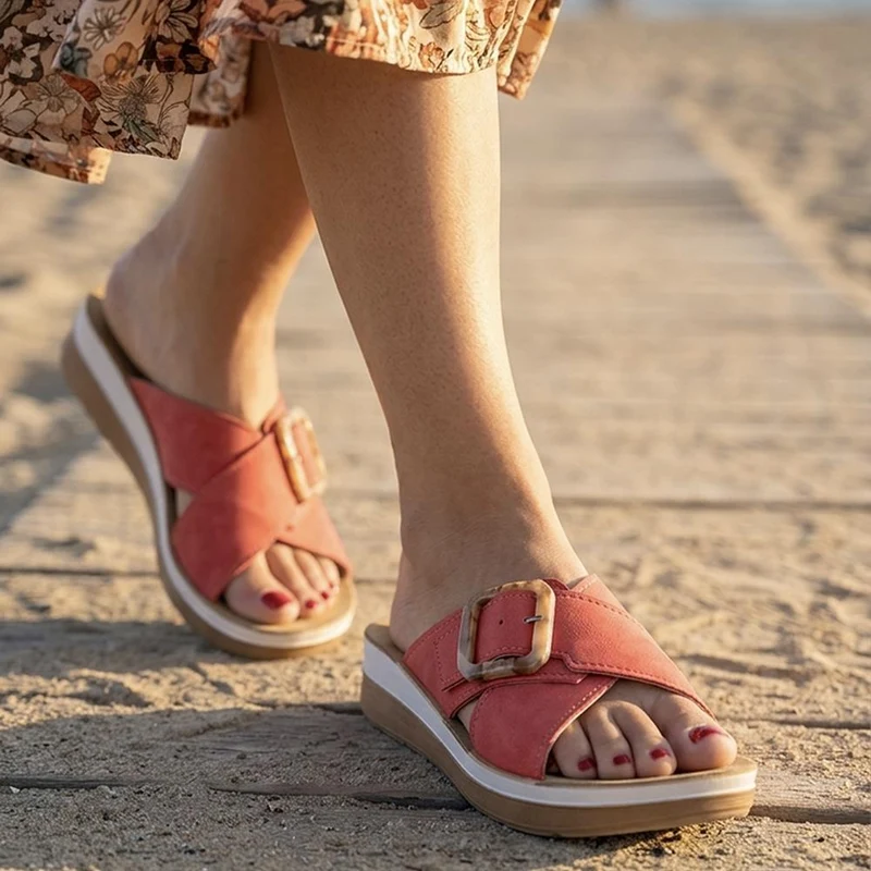 Inblu Wedge Heel Strappy Mule Sandals - INB43064 / 330 714 - Red