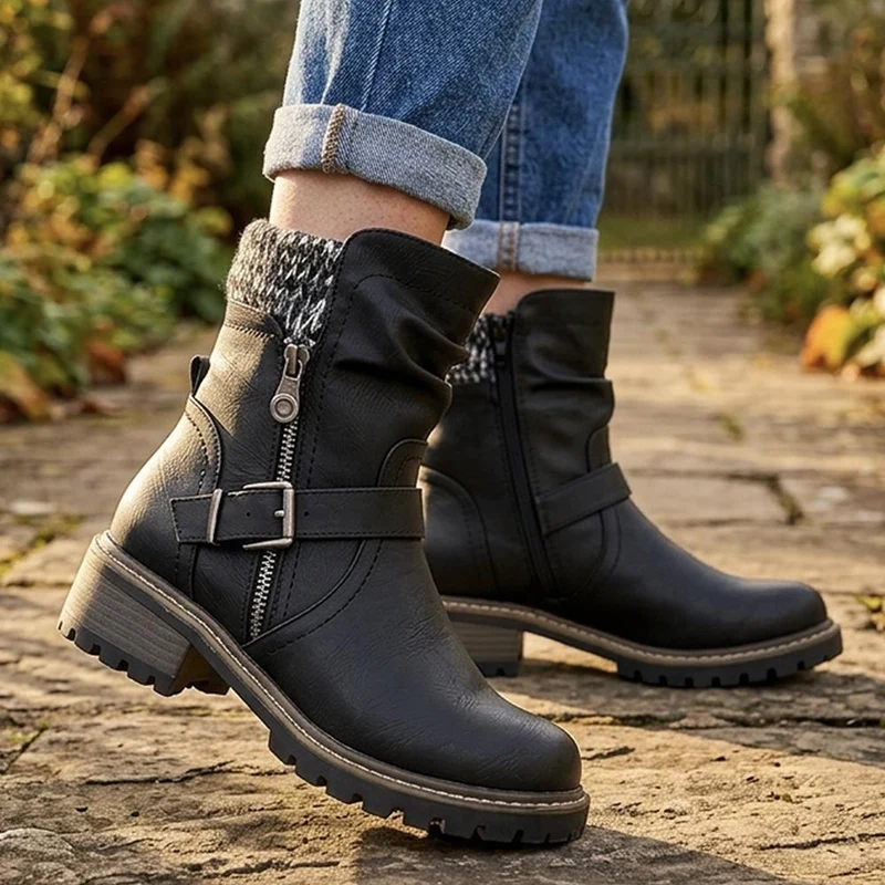 Wide Fit Knitted Cuff Buckled Strap Ankle Boots - LAND44013 / 329 631 - Black