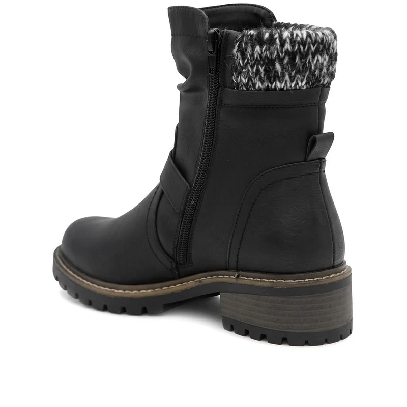 Wide Fit Knitted Cuff Buckled Strap Ankle Boots - LAND44013 / 329 631 - Black