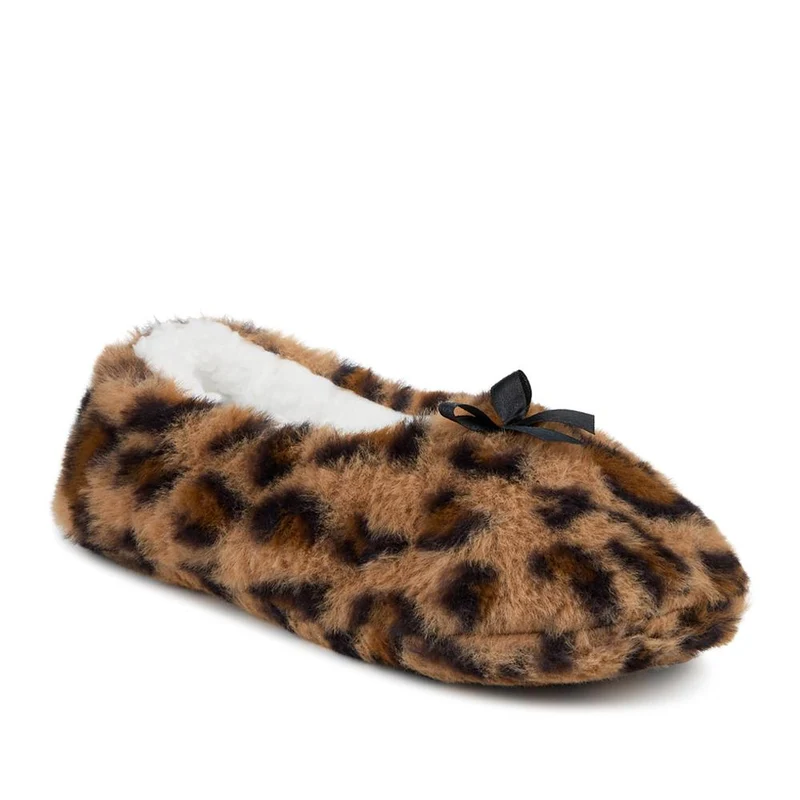 Warm Lined Slipper Socks With Bow Detail - YIWU42002 / 328 138 - Brown Leopard