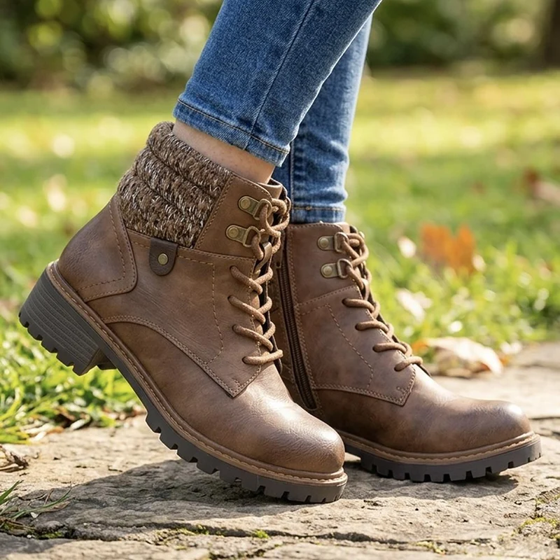 Wide Fit Knitted Cuff Lace Up Boots - LAND44006 / 329 629 - Tan