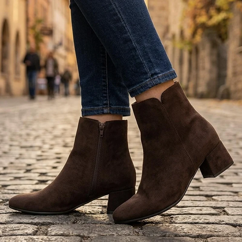 Wide Fit Smart Block Heel Ankle Boots - WBINS44007 / 329 746 - Brown