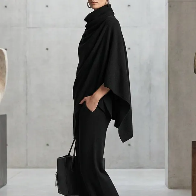 Deidraa - Set Aus Cape Mit Wasserfallausschnitt Und Hose Mit Weitem Bein