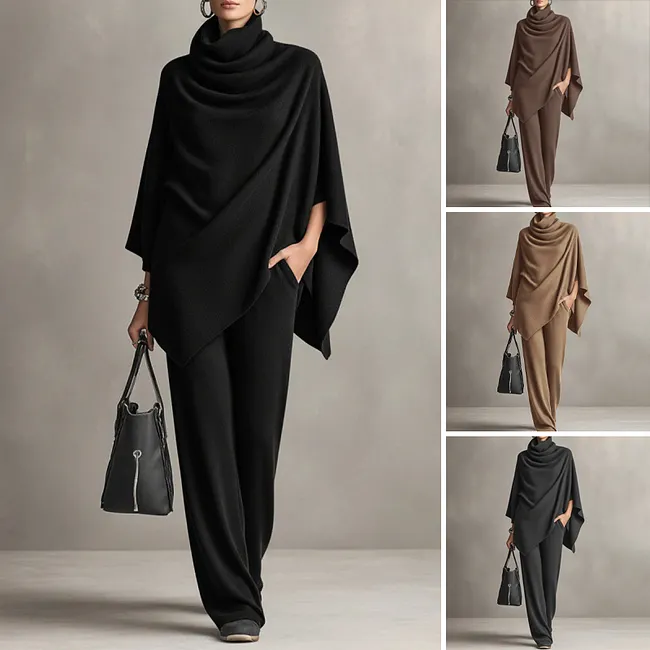 Deidraa - Set Aus Cape Mit Wasserfallausschnitt Und Hose Mit Weitem Bein
