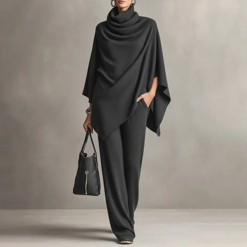 Deidraa - Set Aus Cape Mit Wasserfallausschnitt Und Hose Mit Weitem Bein