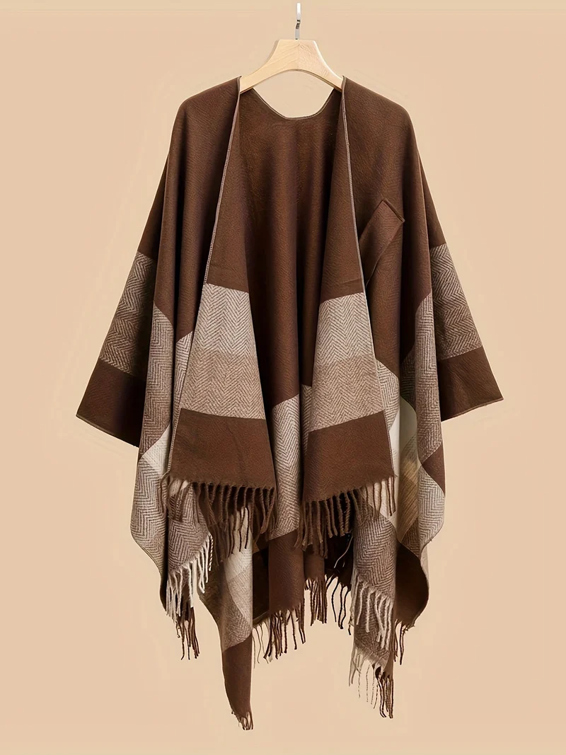 Kyrine - Poncho Schal Mit Fransen Und Geometrischem Muster