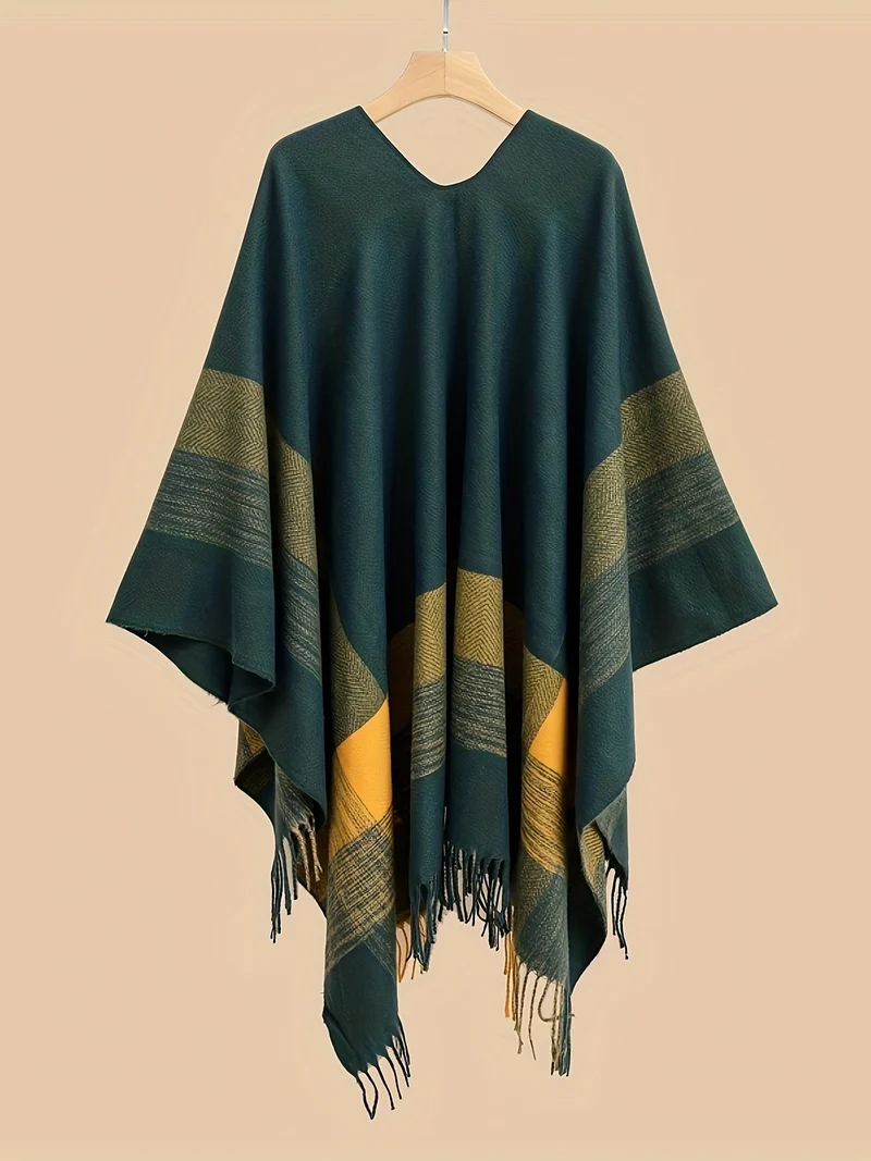 Kyrine - Poncho Schal Mit Fransen Und Geometrischem Muster