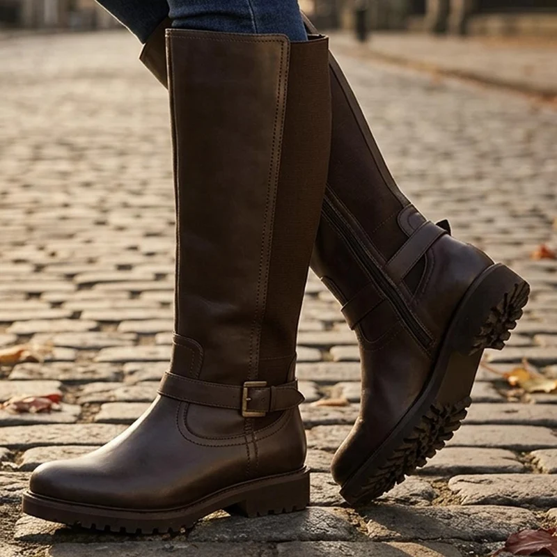 EasyFit Extra Wide Leather Stretch Back Long Boots - BROADWAY / 330 110 - Chocolate