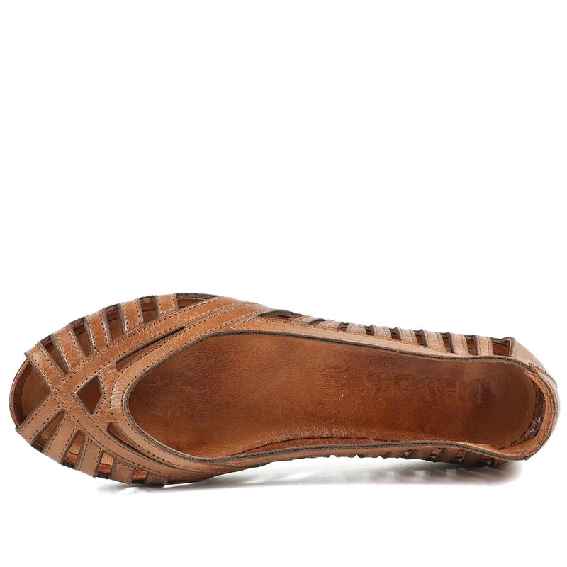 Leather Cut Out Peep Toe Flats - KARY43003 / 329 013 - Tan