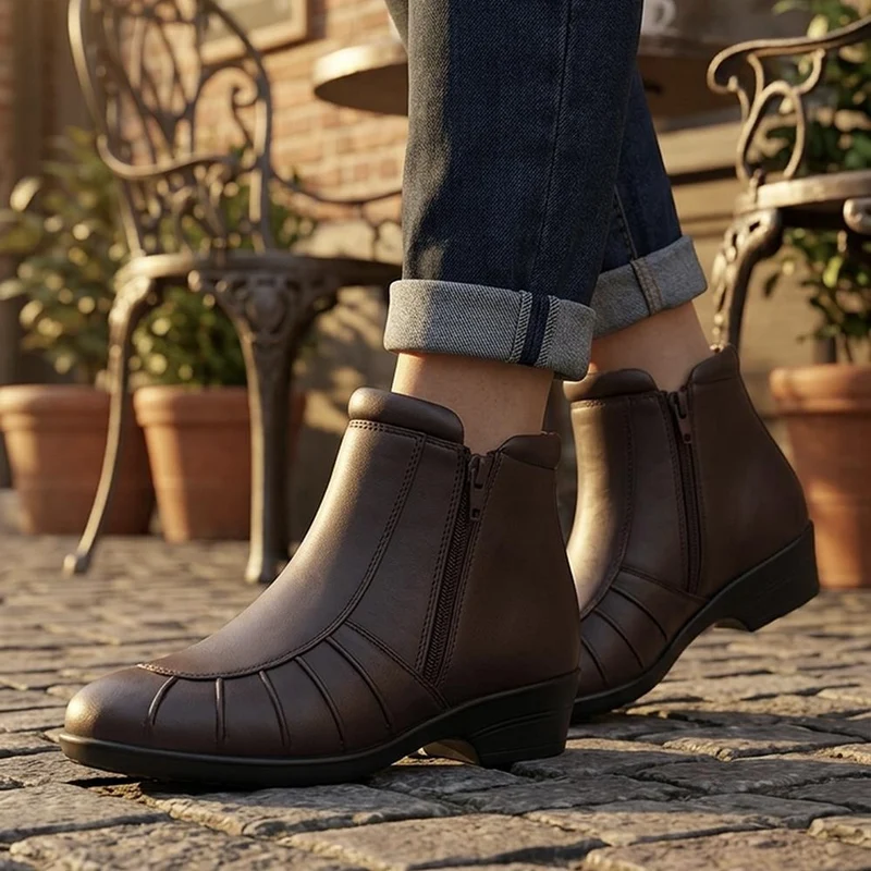 Lightweight Leather Ankle Boots - KF38012 / 324 468 - Chocolate