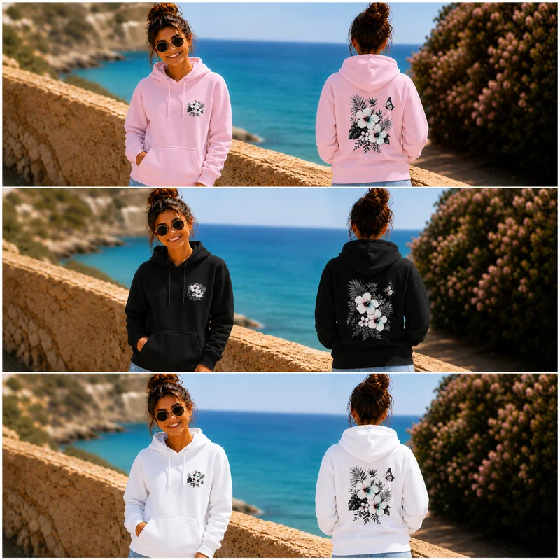 Sommerfeeling Hibiskus Hoodie – Front- und Backprint | Unisex