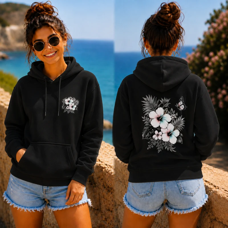 Sommerfeeling Hibiskus Hoodie – Front- und Backprint | Unisex