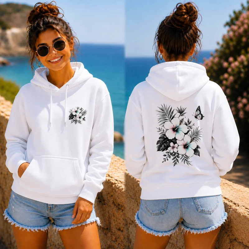 Sommerfeeling Hibiskus Hoodie – Front- und Backprint | Unisex