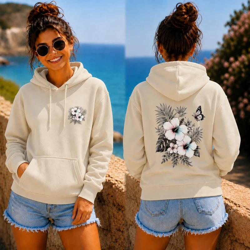 Sommerfeeling Hibiskus Hoodie – Front- und Backprint | Unisex