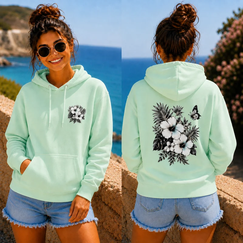 Sommerfeeling Hibiskus Hoodie – Front- und Backprint | Unisex