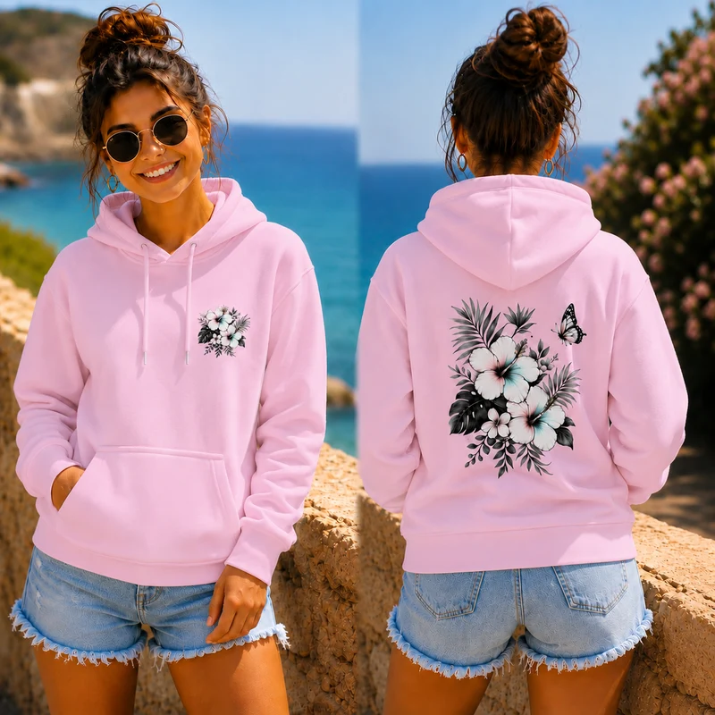 Sommerfeeling Hibiskus Hoodie – Front- und Backprint | Unisex