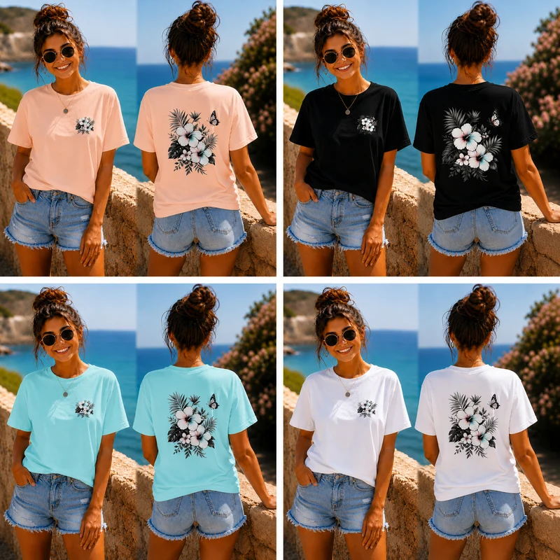 Sommerfeeling Hibiskus T-Shirt – Front- und Backprint | Unisex