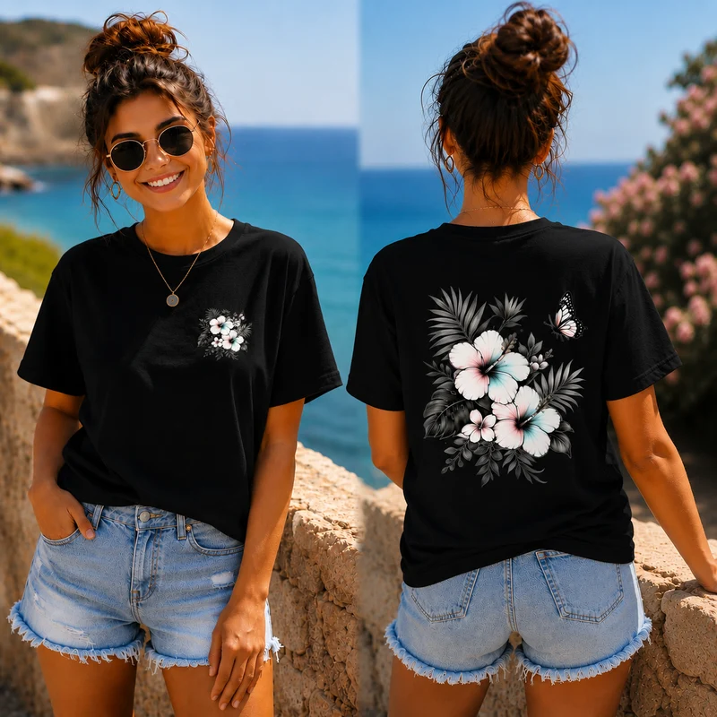 Sommerfeeling Hibiskus T-Shirt – Front- und Backprint | Unisex