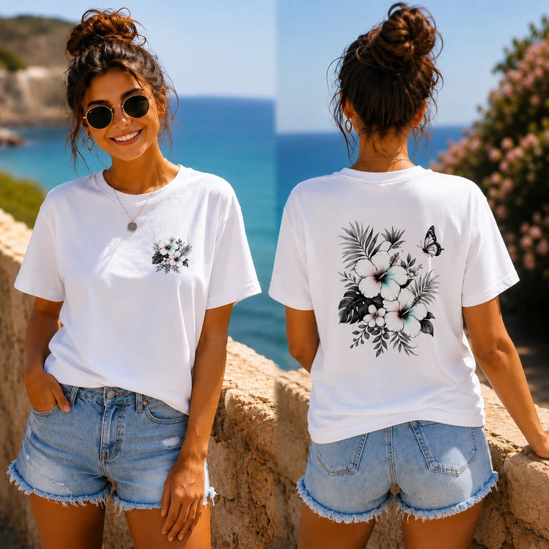 Sommerfeeling Hibiskus T-Shirt – Front- und Backprint | Unisex