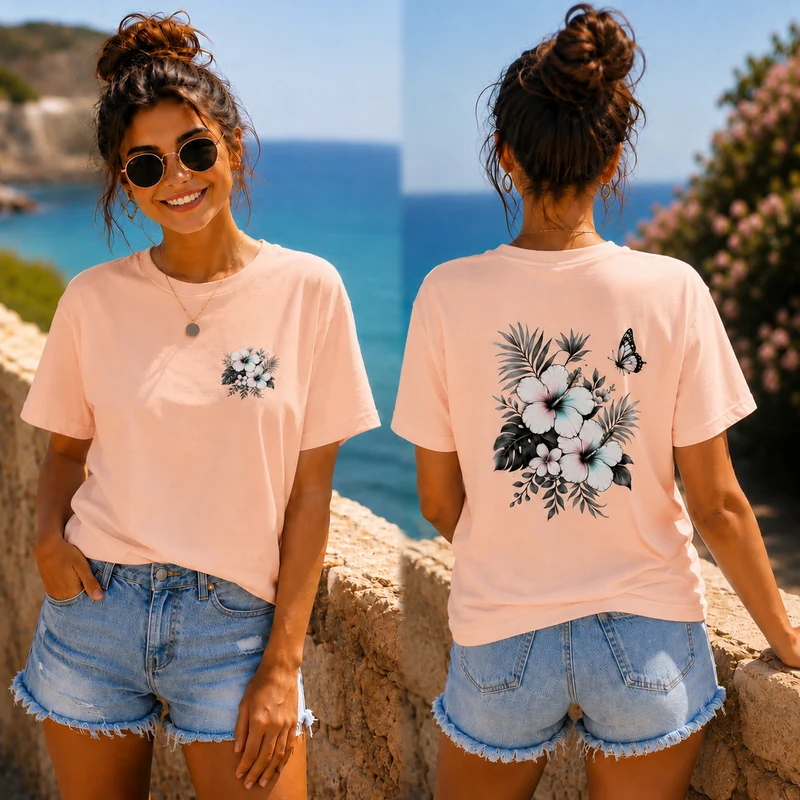 Sommerfeeling Hibiskus T-Shirt – Front- und Backprint | Unisex