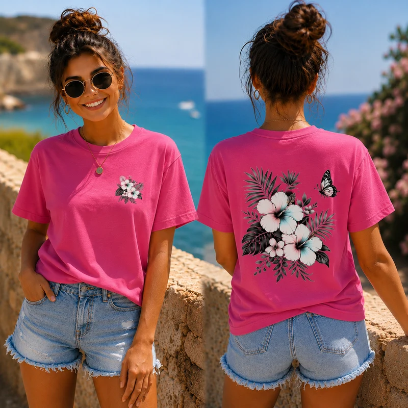 Sommerfeeling Hibiskus T-Shirt – Front- und Backprint | Unisex