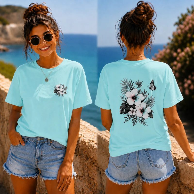 Sommerfeeling Hibiskus T-Shirt – Front- und Backprint | Unisex