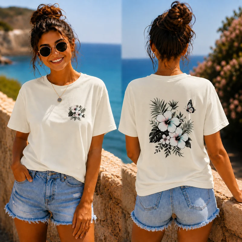 Sommerfeeling Hibiskus T-Shirt – Front- und Backprint | Unisex