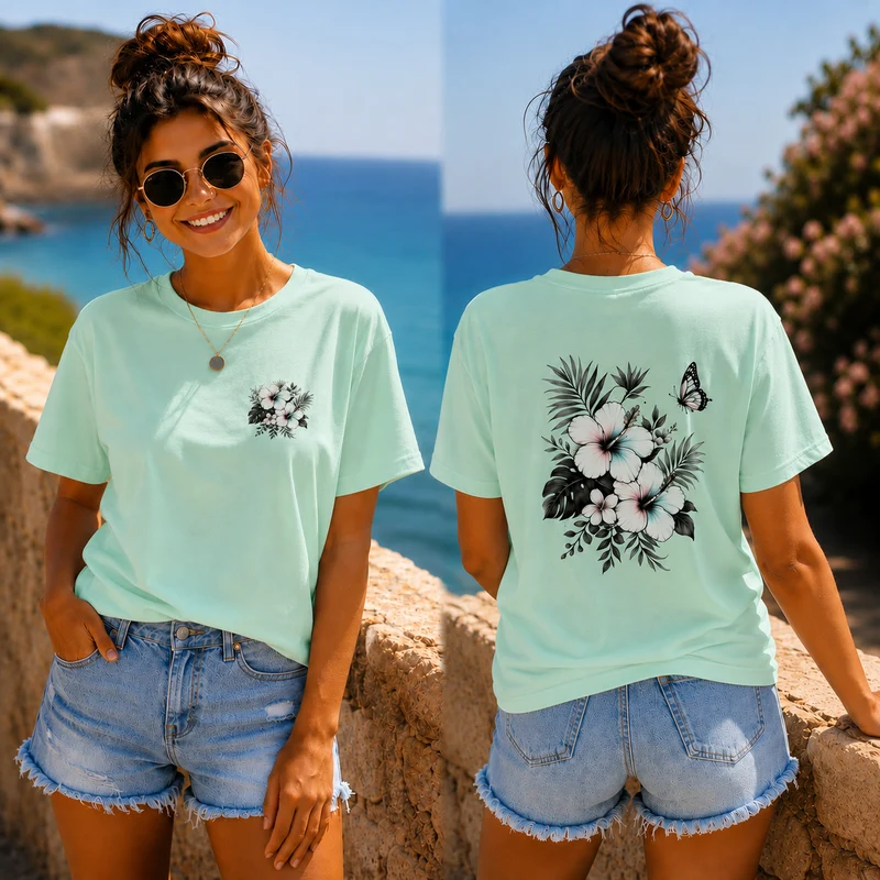 Sommerfeeling Hibiskus T-Shirt – Front- und Backprint | Unisex