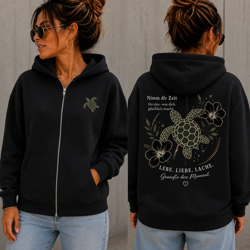 Statement Zip Hoodie Schildkröte Nimm dir Zeit... Frontprint & Backprint | Unisex