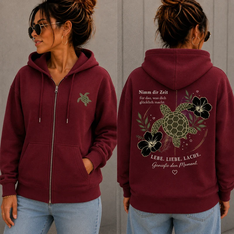 Statement Zip Hoodie Schildkröte Nimm dir Zeit... Frontprint & Backprint | Unisex