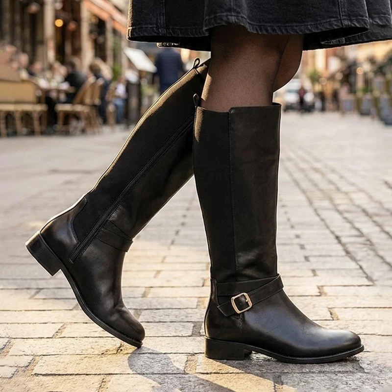 Leather Buckle Detailed Long Boots - MINTL44003 / 329 970 - Black
