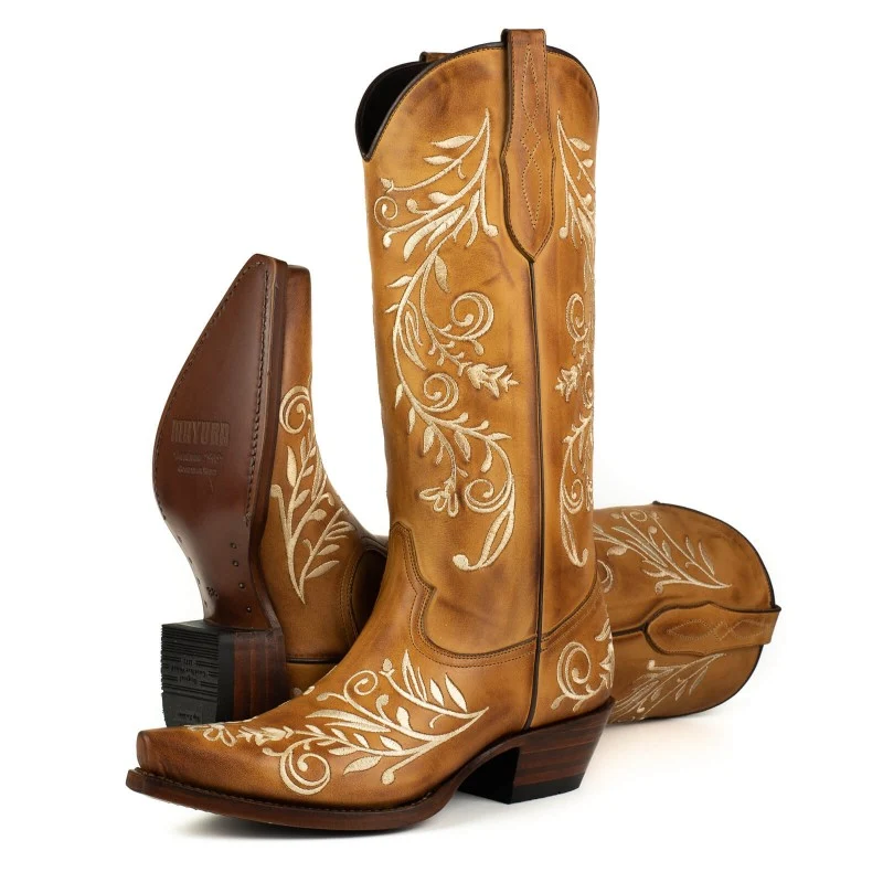 Damen Country und Western Cowboystiefel 2669 Braunes Leder mit Blumenstickerei