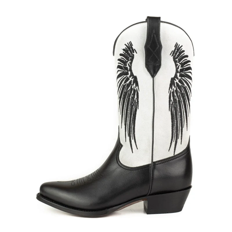 Schwarz-weiße Cowboystiefel für Damen mit Flügeln Schwarz 2666