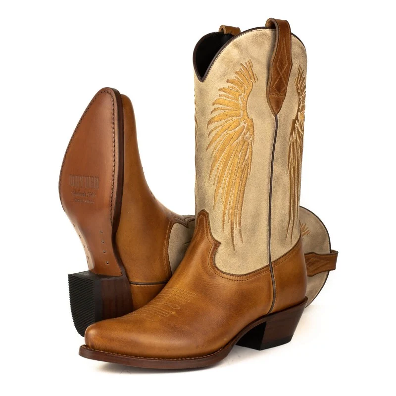 Damen-Cowboystiefel in Braun und Beige mit goldenen Flügeln 2666