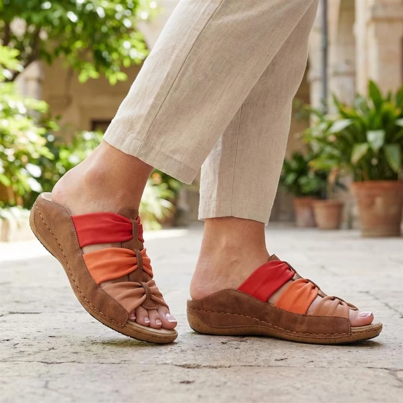 Flexible Triple Bow Cushioned Sandals - WBINS43014 / 329 090 - Tan-Red