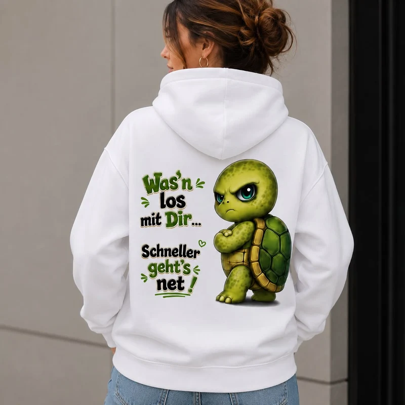 Statement Schildkröte Was’n los mit Dir? Hoodie Pullover Frontprint & Backprint | Unisex