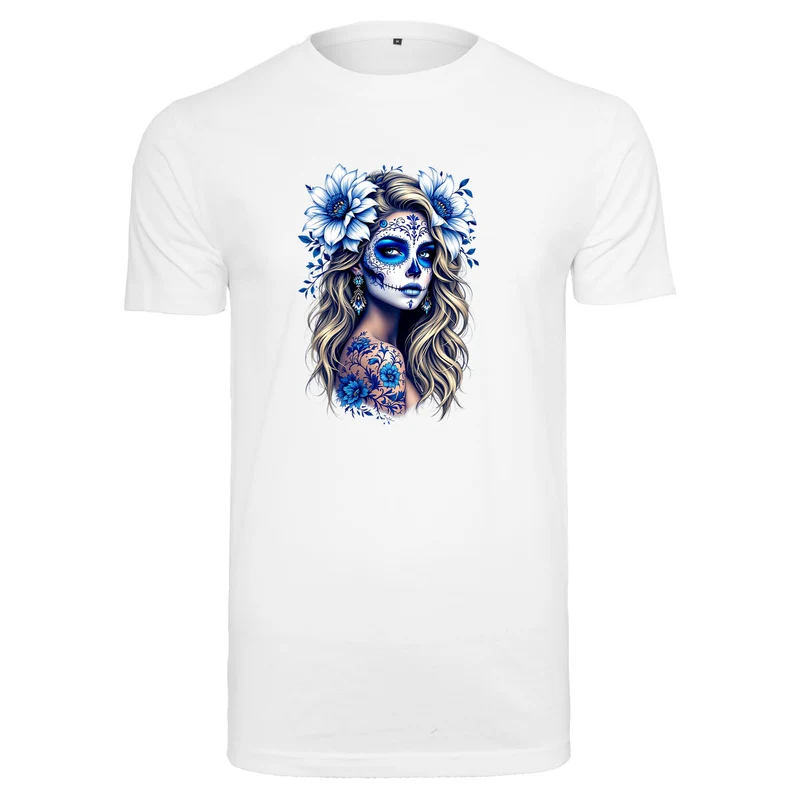 La Catrina T-Shirt Blau Flower – Damen Baumwollshirt mit kunstvollem Print